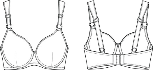 Bra flat sketch, lingerie technical drawing, underwire cup design, adjustable straps, hook and eye closure, intimate apparel template, fashion clothing vector illustration