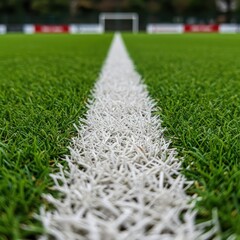 White line on green artificial grass of sport field for product montage, banner posters or presentations with copy space. Football or soccer pitch texture for sports article or social media post.