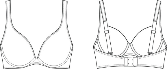 Bra flat sketch, lingerie technical drawing, molded cup underwire design, adjustable straps, hook and eye closure, intimate apparel template, women fashion clothing vector illustration