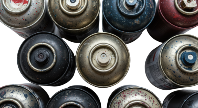 Close-up of used spray paint cans arranged in a flat lay, showing varied colors and textures, perfect for urban art or graffiti concepts