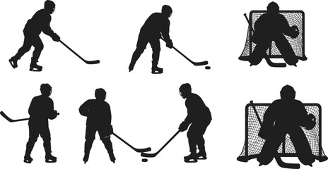 Ice hockey silhouettes, goalie action, puck control, skating pose, black figures, winter sport, dynamic movement, stick handling, net defense, teamwork © Mst Jotsna