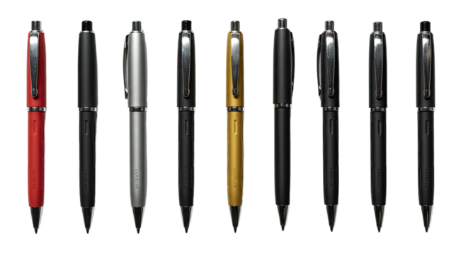 Collection of assorted black pens and one gold pen lined up on white background, office and writing tools, perfect for stationery and office supply projects