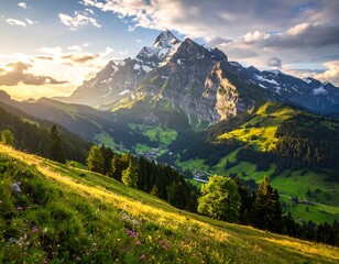 Majestic Mountain Peak at Sunset in the Swiss Alps.