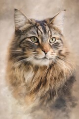 Realistic Watercolor Portrait of Maine Coon Cat