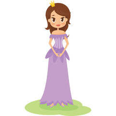 Charming Cartoon Princess in Lavender Gown Standing on Green Grass with Golden Crown on Her Head and Brown Hair and Brown Eyes