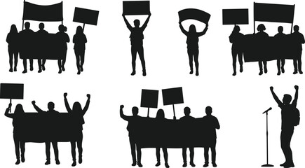 Protest silhouette, activist crowd, public demonstration, blank signs, civic engagement, rally vector, black illustration, social movement, freedom expression, unity action