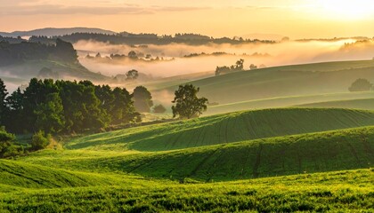 Naklejka premium panorama of a beautiful, ecological farmland at sunrise. Waved, green field, forest and morning fog