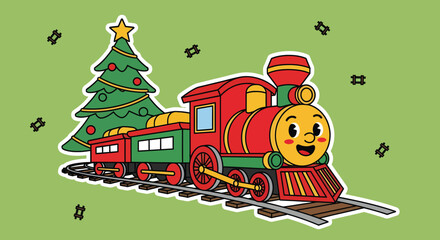 Festive christmas train carries a decorated christmas tree through a snowy landscape spreading holiday cheer and joy.