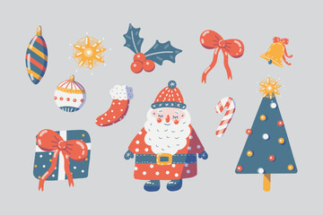 Christmas set: Santa Claus, Christmas stocking, Christmas tree, gift, holly, bell, bow, candy cane. Hand-drawn in playful child-friendly style. Isolated design elements on neutral light background.