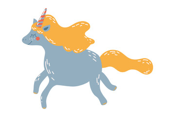 Blue unicorn with golden mane. Character with closed eyes. Isolated design element on white background. Hand-drawn in playful naive child-friendly style