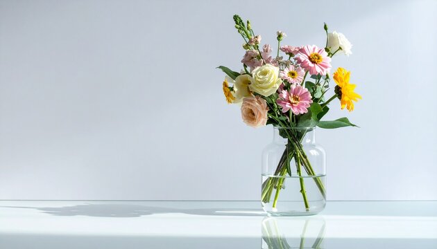 A beautiful bouquet of fresh colorful flowers in a clear glass vase on a white reflective surface.
