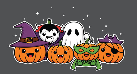 Cute pumpkins dressed in halloween costumes stand together against a dark gray backdrop with white stars, creating a festive and playful scene.
