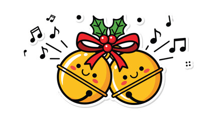 Two cute golden jingle bells ringing with holly and red bow, spreading holiday cheer and festive atmosphere during christmas season.