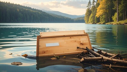 Wooden Box Floating in Serene Lake Surrounded by Forest.