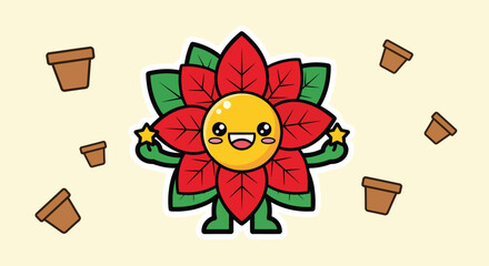 Cute poinsettia character smiles amidst floating flower pots on light beige background, creating whimsical and cheerful holiday scene.