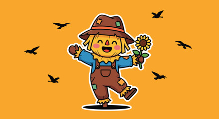 Happy scarecrow holds sunflower in autumn field surrounded by birds, celebrating harvest season with cheerful and whimsical charm.