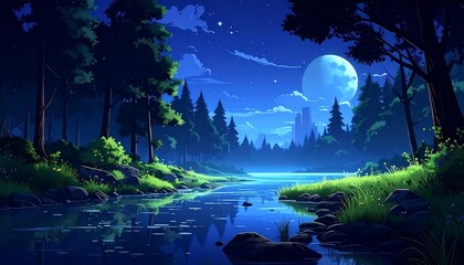 Scenic night view of forest and river under a glowing full moon