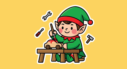 Smiling christmas elf crafting wooden toy car at workbench in workshop, surrounded by tools, spreading holiday cheer.