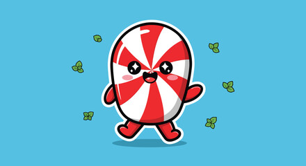Cute candy character happily walking on a blue surface with small green leaves floating around, creating a playful and sweet atmosphere.