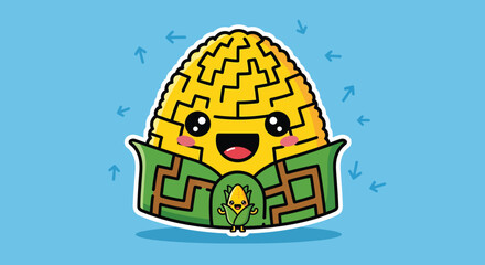 Happy corn cob character smiling cheerfully on a light blue backdrop with small arrow doodles suggesting freshness and natural goodness.
