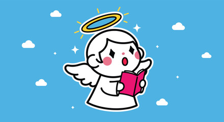 Cute angel singing from a pink book on a blue sky with clouds and stars, spreading joy and peace during the holiday season.