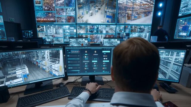 Manufacturing Surveillance, futuristic surveillance control room monitoring factory floor with multiple holographic screens.