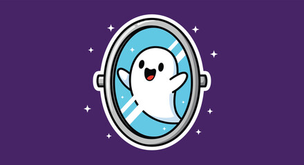 Cute ghost waving cheerfully from inside a vintage mirror against a purple backdrop, creating a whimsical and playful scene.
