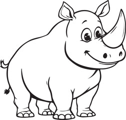 Obraz premium Black and white cartoon rhinoceros illustration with friendly smile and large horn in playful animal line art