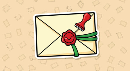 Sealed envelope with red wax seal and green ribbon sits on patterned surface, conveying message of importance and anticipation.