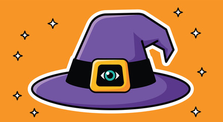 Purple witch hat with an eye on the buckle sits against an orange backdrop surrounded by stars, creating a whimsical and magical halloween vibe.