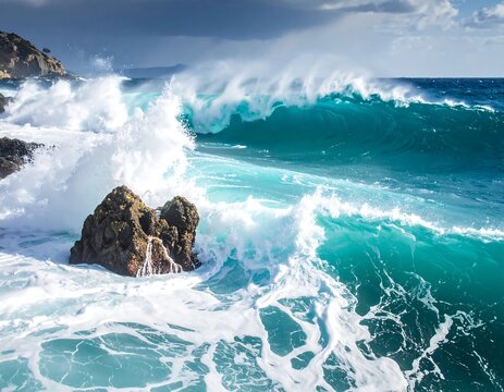 Powerful ocean waves crashing against rocky shoreline under a cloudy sky - Powered by Adobe