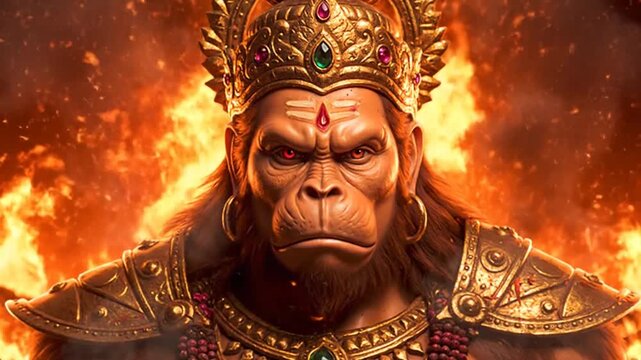 lord hanuman fierce deity golden armor fiery background