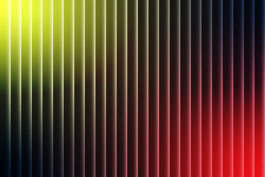 Vibrant vertical lines over a multicolor gradient, abstract digital art with yellow, green, blue red transitions, symmetrical composition for design, science, and visual theory.