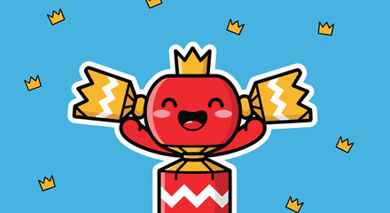 Happy candy character celebrates with a crown, surrounded by floating crowns against a bright blue backdrop, creating a playful and joyful atmosphere.