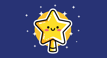 Cute star character smiles cheerfully against a dark blue sky with twinkling stars, radiating a sense of magic and childlike wonder.