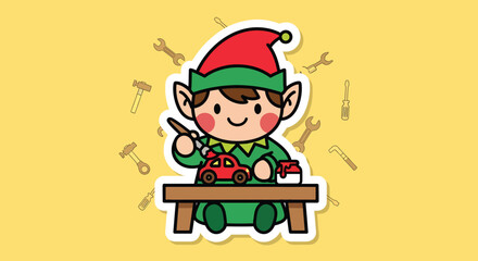 Happy christmas elf painting a toy car at his workbench in santa's workshop, spreading holiday cheer and festive spirit.