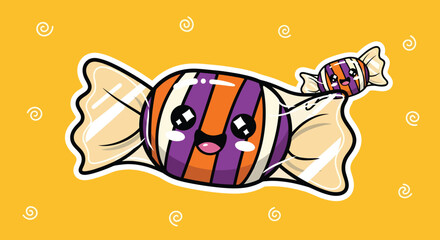 Cute candy smiles sweetly on a bright orange surface, wrapped in white paper with purple and orange stripes, creating a playful and cheerful mood.