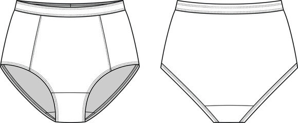 Women underwear flat sketch, high waist brief design, fashion technical drawing, lingerie template illustration, intimate apparel vector, clothing construction detail