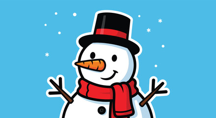 Smiling snowman wearing a red scarf stands against a blue snowy backdrop, radiating winter cheer and holiday spirit.