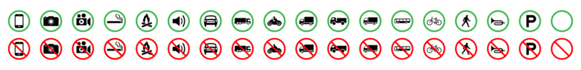 Set of vector icons showing allowed and prohibited activities. Green circles indicate permission and red circles with slashes show restriction. Ideal for safety signs, public spaces, and regulations.