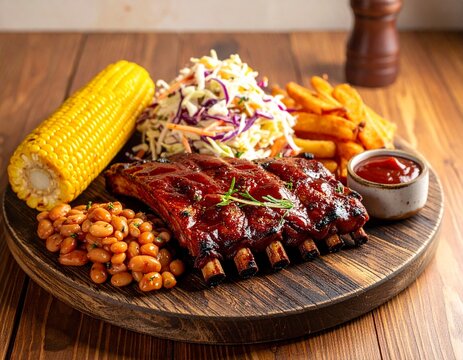 Delicious BBQ ribs served with corn on the cob, baked beans, coleslaw, and fries, a perfect meal