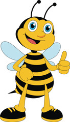 Cartoon bee character thumbs up, cheerful insect mascot, cute bug illustration, smiling bee vector, playful pose, cad drawing flat vector illustration