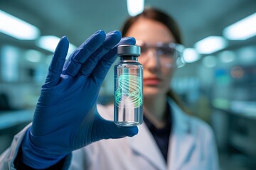 Scientist wearing protective gloves and glasses holding a vial containing a glowing molecular structure in a research laboratory