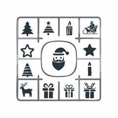 Simple line art Christmas icons collection featuring Santa Claus, gifts, tree, candle, star, sleigh, and reindeer symbols for festive vector design and decoration 