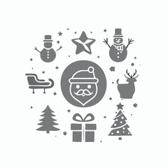 Minimalist black and white Christmas icon set with Santa Claus, reindeer, snowman, Christmas tree, sleigh, and gift boxes for modern winter holiday design