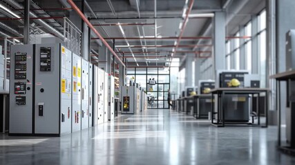 Secure Workplace, modern factory office with visible protective gear lockers and safety posters, organized and safe environment.