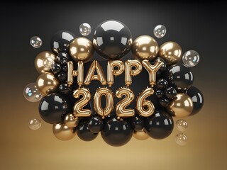 Elegant Golden and Black Balloons Embellish the Festive Happy 2026 New Year Celebration Design with Bubbles and Dark Gradient Background