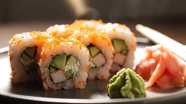 Delicious Sushi Rolls with Wasabi and Ginger on a Plate.