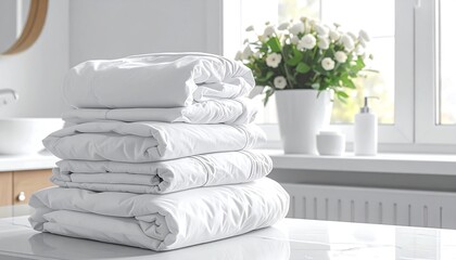Stack of Fresh White Linens on a Marble Countertop with Flowers.
