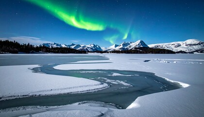 Stunning aurora borealis illuminates a winding river through a vast, snow-covered winter landscape with majestic mountains under a starry night sky.